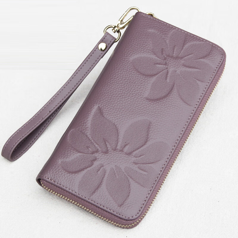 SHARELOVE genuine leather wallet long women's mobile phone bag zipper multi-card slot wallet first layer cowhide yellow fortune wallet new style green plum pattern, single zipper