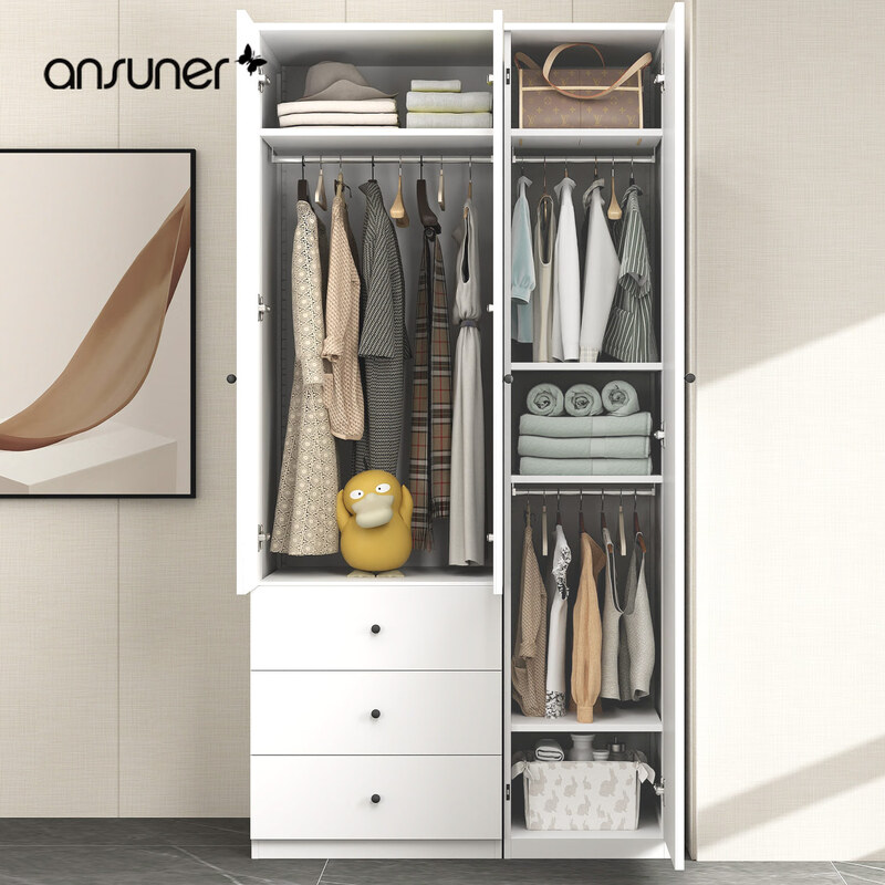 Ansuner60cm deep home wardrobe Nordic simple steel combination bedroom small apartment large wardrobe with drawer storage height 200*width 100*depth 60 three drawer combination