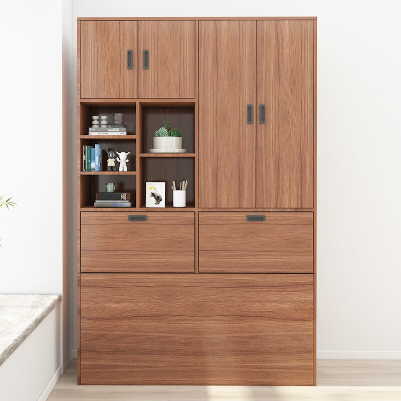 Pingziji small apartment tatami bed combination set high box storage drawer bed bedroom furniture ENF grade paint-free board customization embossed walnut color 1.5m tatami + standing cabinet + bedside