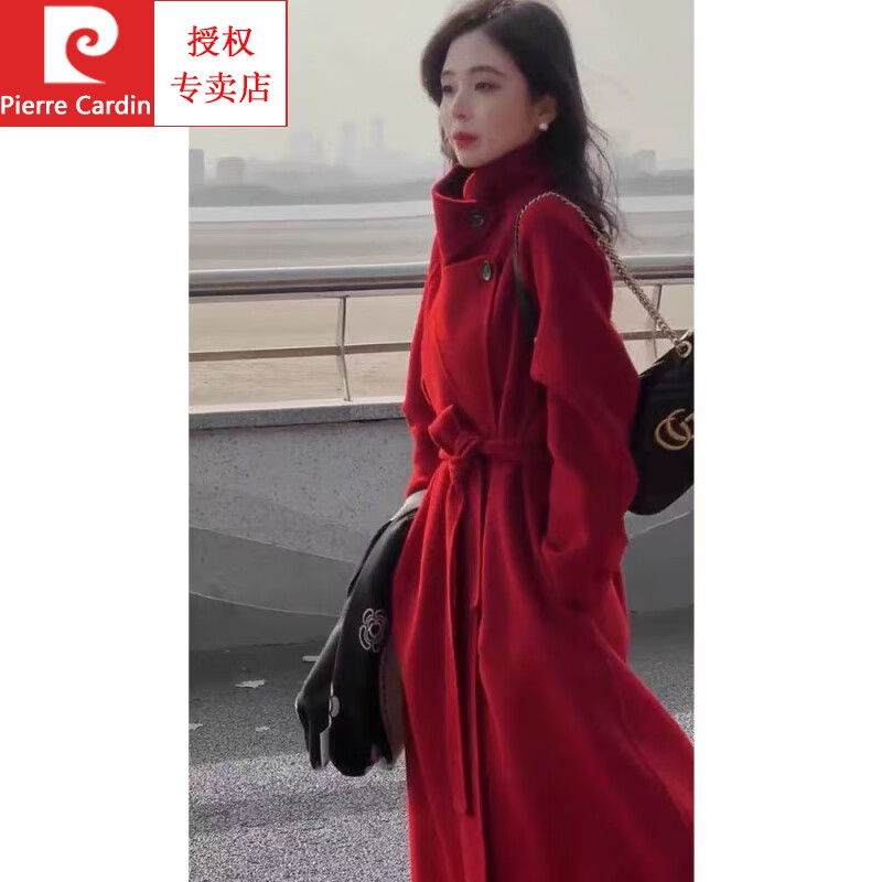 Pierre Cardin thickened wool new cashmere autumn and winter coat long stand-up collar double-sided New Year woolen jersey coat Angora red M