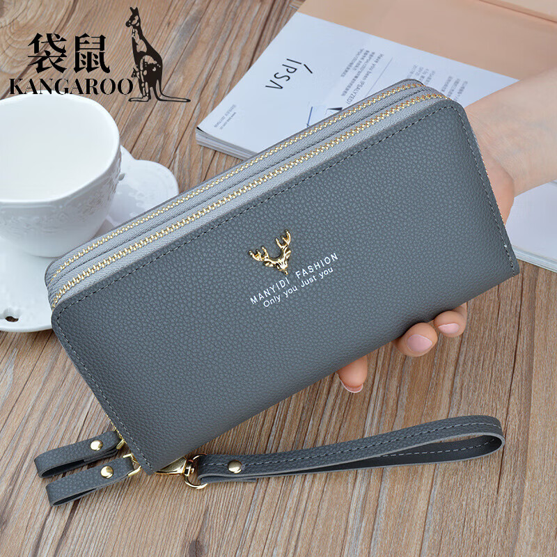 Kangaroo (KANGAROO) New Wallet Women's Long Clutch Double Zipper Wallet Mobile Phone Bag Fashion Simple Large Capacity Double Layer Wallet Black