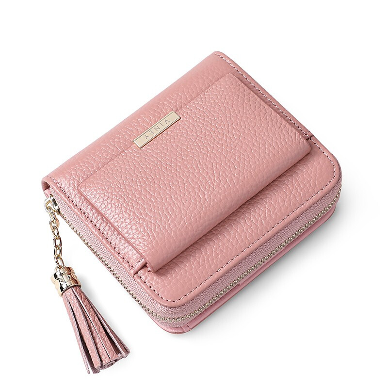 Viney short cowhide zipper wallet multi-function multi-card slot small wallet wallet new women's wallet taro powder for wife girlfriend high-end practical birthday gift girlfriend