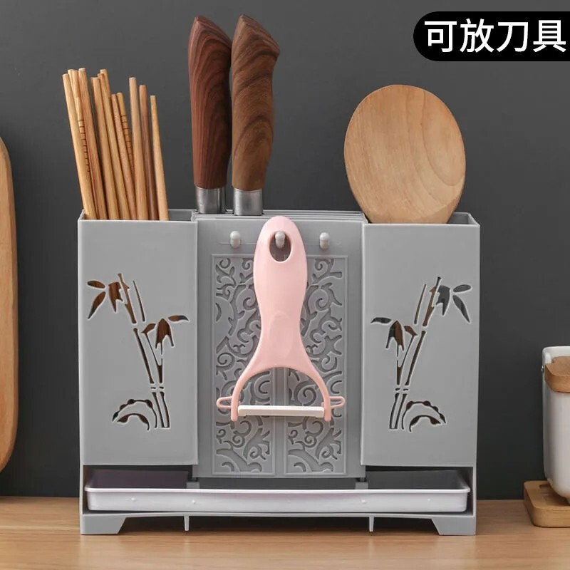 Canzhi chopstick barrel wall-mounted chopstick storage box kitchen spoon chopstick storage rack punch-free chopstick cage drain rack wall-mounted with knife holder (light blue)