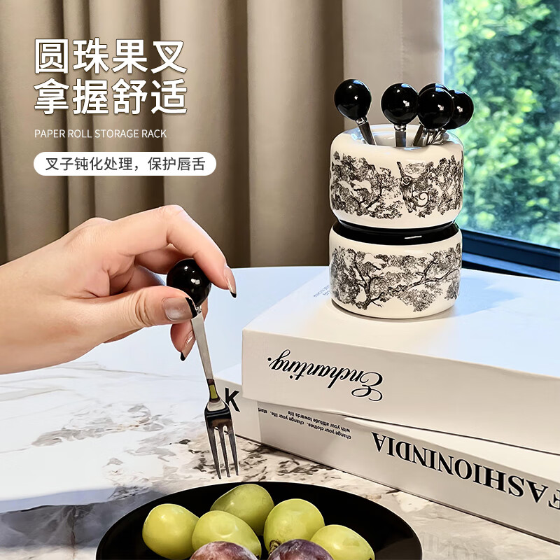 Zunmousse ceramic fruit fork set light luxury home living room dining table coffee table cake dessert fork coffee spoon creative storage jar ink tiger fruit fork jar 1 jar 6 forks