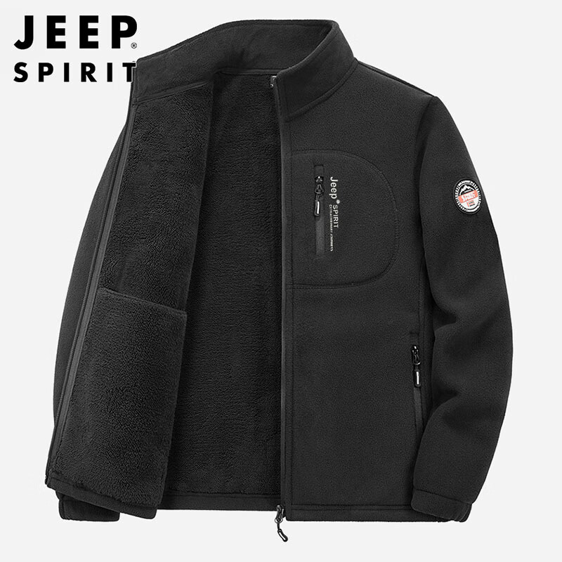 JEEP SPIRIT Jeep Jacket Men's Spring and Autumn Stand Collar Polar Fleece Jacket Men's Velvet Cardigan Sweater Men's Dark Gray XL