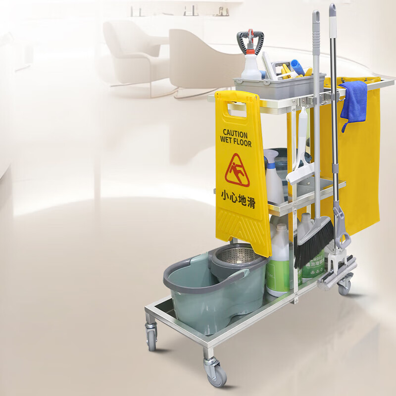 Kaimujie stainless steel cleaning cart cleaning trolley hotel room multi-functional linen cart property cleaning special KC-01 double hook royal blue bag