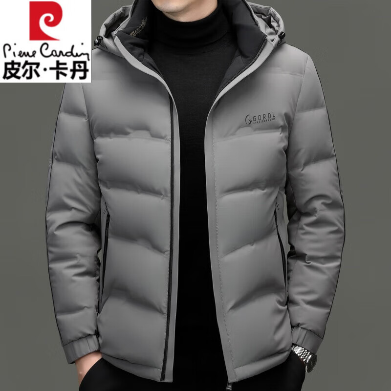 Pierre Cardin high-end short goose down jacket for men 2025 winter new cold-proof thickened cold-proof clothing casual men's jacket black-90% white goose down removable hood L 175 (120-135 catties)