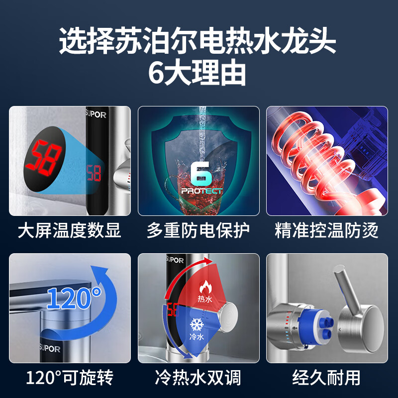 SUPOR electric hot water tap under the water inlet instant heating fast hot kitchen treasure water heater household stainless steel model 3000w