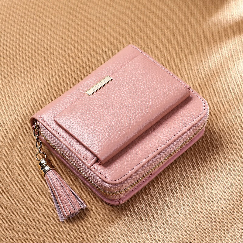 Viney short cowhide zipper wallet multi-function multi-card slot small wallet wallet new women's wallet taro powder for wife girlfriend high-end practical birthday gift girlfriend