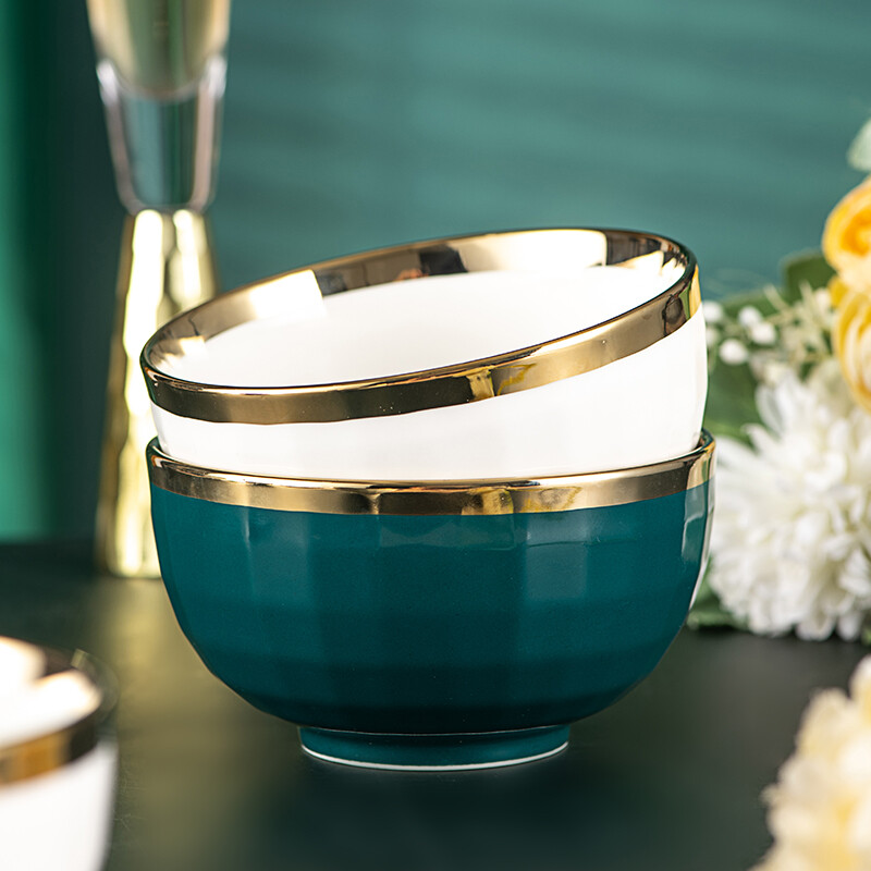 SUMEIJI gift bowl and chopsticks set, ceramic light luxury bowl set, gift to customers for annual meeting, employee benefits, souvenirs, store celebration prizes, gold-plated 4.5-inch bowl, 1 white, 1 green, 2 chopsticks