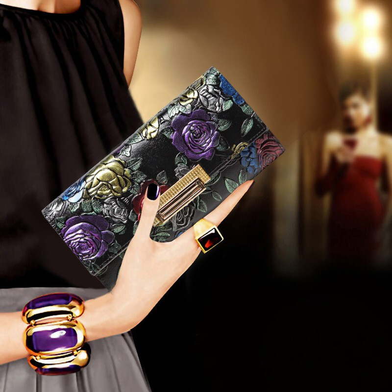 Sephoron 2026 new long hand wallet women's rose ethnic style embossed cowhide wallet large capacity for mobile phone colorful roses