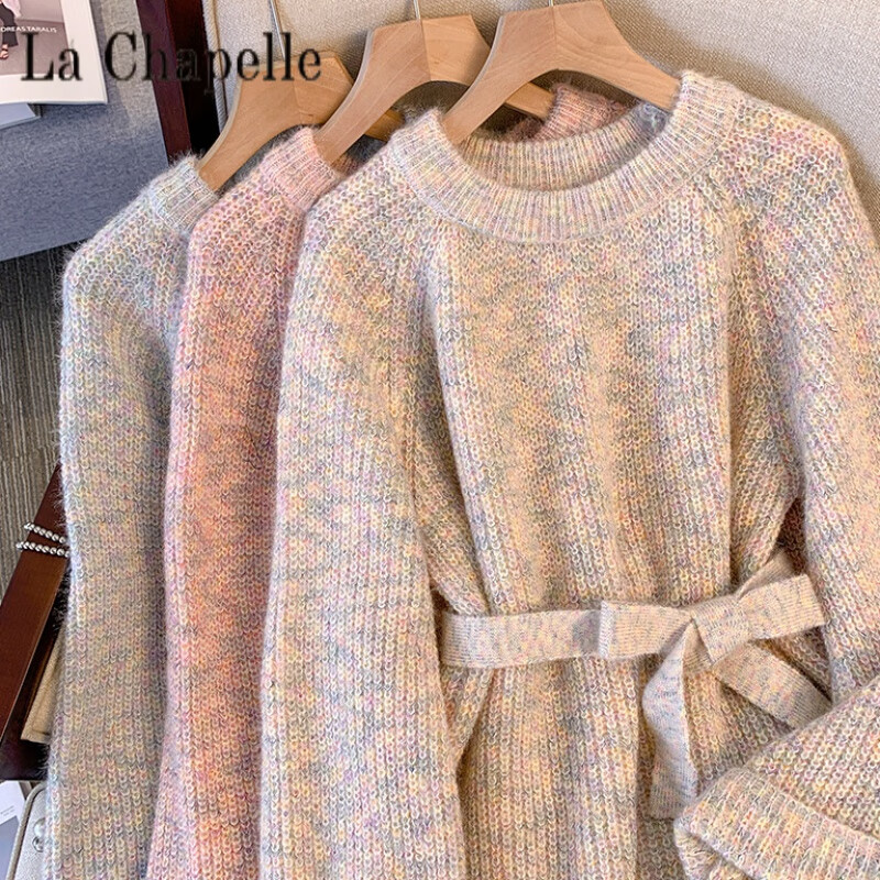 La Chapelle Lazy Style Autumn and Winter Mid-Length Sweater Dress Large Size Loose Tie Waist Sweater Bottoming Skirt Top Women Pure 100 Automatic Heating Flower Apricot High Plus Thick Pure 100 Automatic Heating M 95-105 Jin