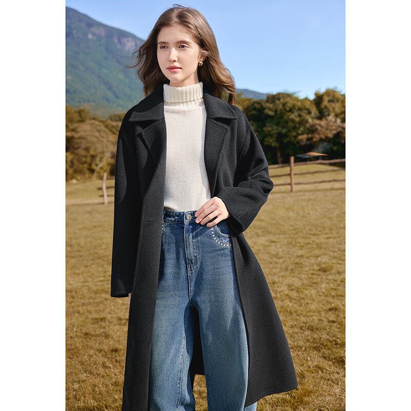 Betu women's new winter woolen coat lapel double-sided wool coat 100% sheep wool coat 2411T25 black S