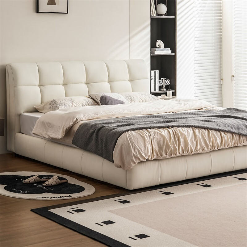 Lin's home leather art bed double bed 1.8m 1.5m master bedroom large bed head layer cowhide bed bedroom furniture TPC662 black brown floor bed 1.8mx2m bed + 0 glue spine pad (20cm)