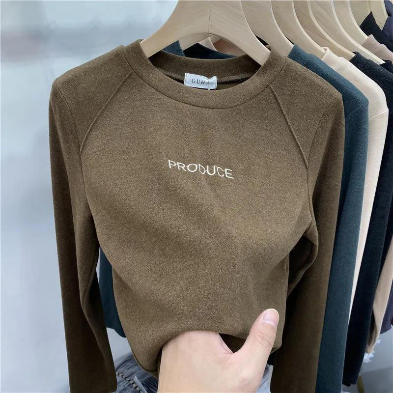 Xunliba velvet bottoming shirt for women in autumn and winter, versatile new velvet warm long-sleeved t-shirt, stylish inner top for women, dark gray warm velvet XL 115-130