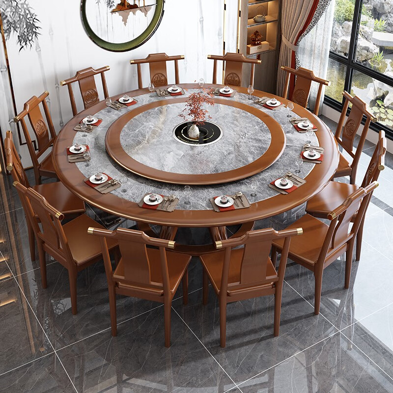 Taicai new Chinese style solid wood slate hot pot table with turntable induction cooker home large round table round restaurant dining table black purple (normal style) 1.8m dining table + 12 chairs with 1.2m turntable