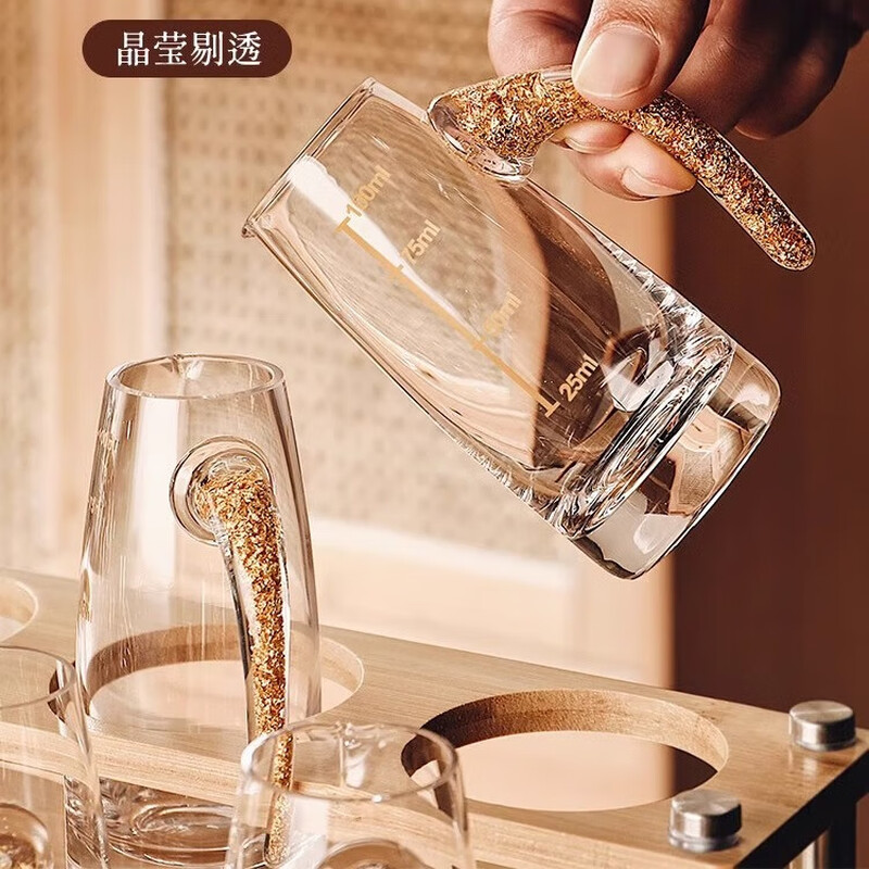 Genas high-end wineware and white wine glass set for home and hotel, gold foil wine dispenser, 100ml bullet cup, small wine glass, one cup, 6 golden cups + 6 wine dispensers + handle cup holder