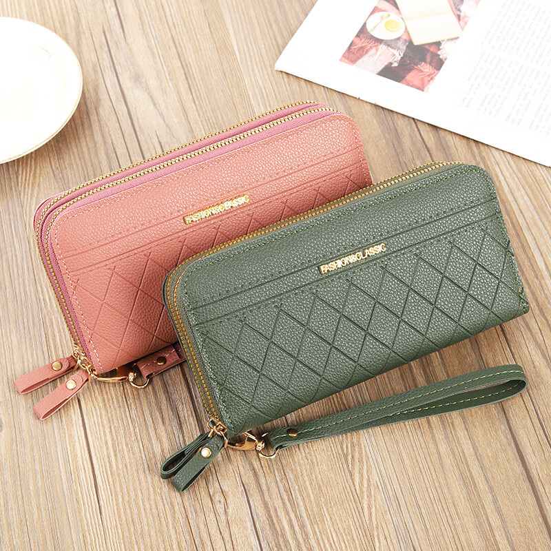 Kuqi Kangaroo New Double Zipper Wallet Women's Long Large Capacity Checkered Clutch Double Layer Wallet Korean Style Coin Mobile Phone Bag Black
