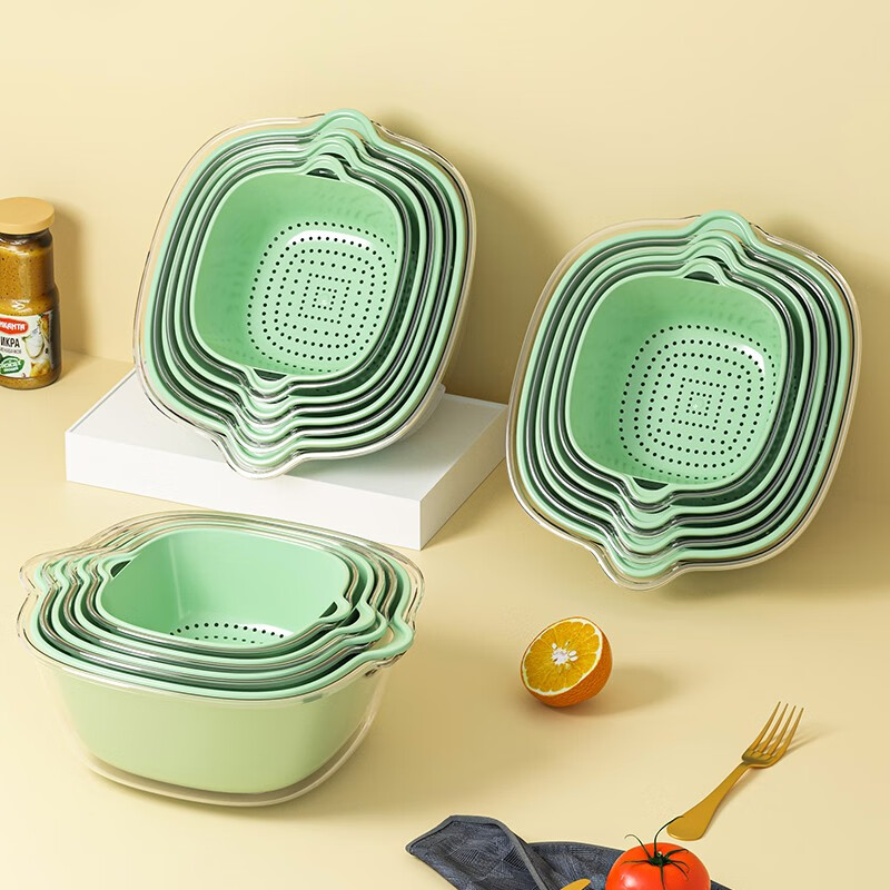 YOUQIN double-layered sink drain basket eight-piece set for kitchen, living room, home fruit plate, simple plastic vegetable basket, matcha green - double-layered drain basket, 8-piece set