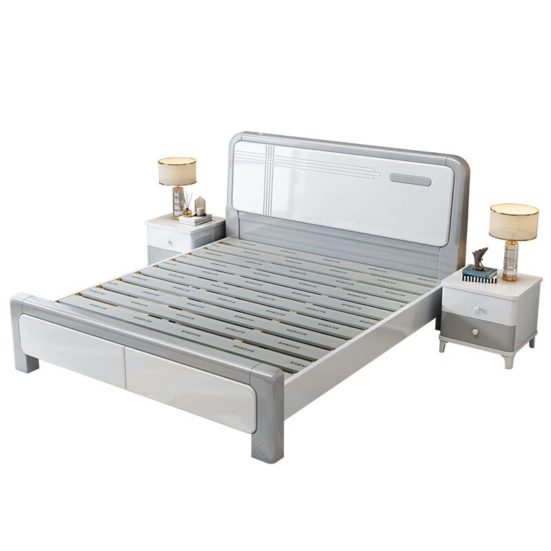 First year all solid wood bed light luxury bed modern simple master bedroom double bed white high box storage wedding bed bedroom furniture silent bed + coconut palm mattress 1.5m*2m frame style