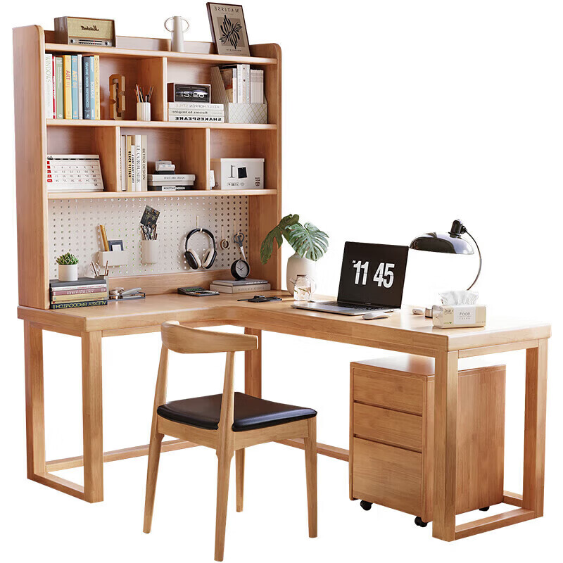 Kao solid wood corner desk bookshelf integrated hole board study table corner L-shaped computer desk DB03#1.4m table and chair