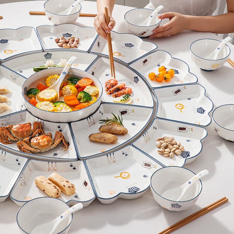 SUMEIJI tableware set, reunion dinner platter, tableware set, ceramic bowl and dish set, household bowls and plates, family New Year's Eve dinner plates and bowls, modern series - 18-piece platter set, 18-piece set