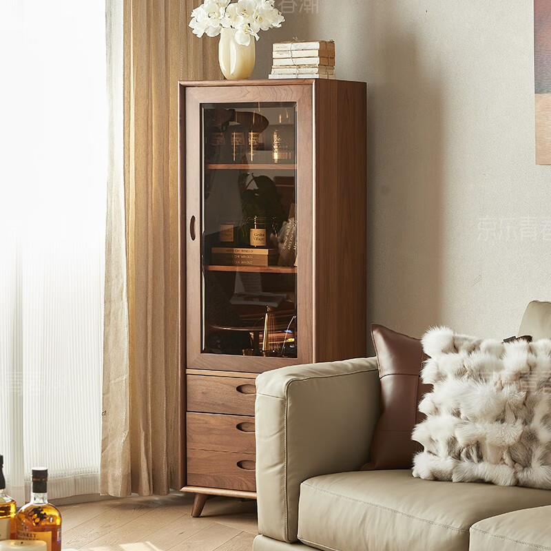 Youthful and trendy North American black walnut solid wood small wine cabinet display cabinet living room home bookcase glass door with door small bookcase 56*42*158cm