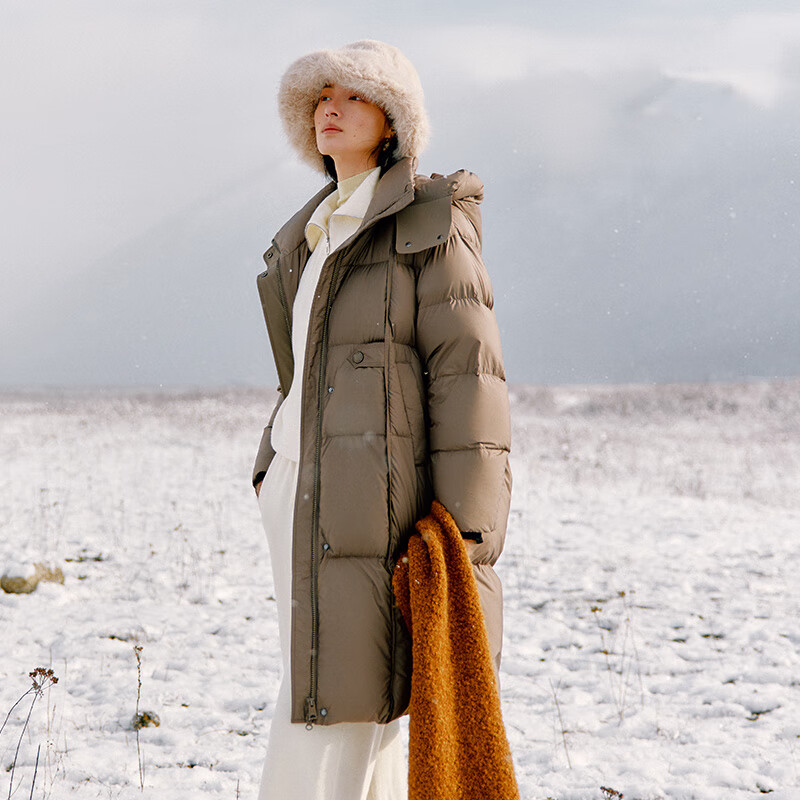 Ellai Puff Feel Down Jacket Women's Long Hooded Windproof Warm Coat Fashionable Duck Down New Year's Jacket Taupe M