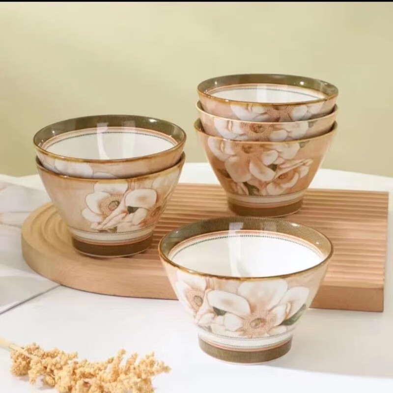 Chino Camellia 5-inch bamboo hat bowl, household eating bowl, Japanese-style tall bowl, anti-scalding ceramic tableware, Internet celebrity creative simplicity, Camellia 5-inch bamboo hat bowl (1 piece)