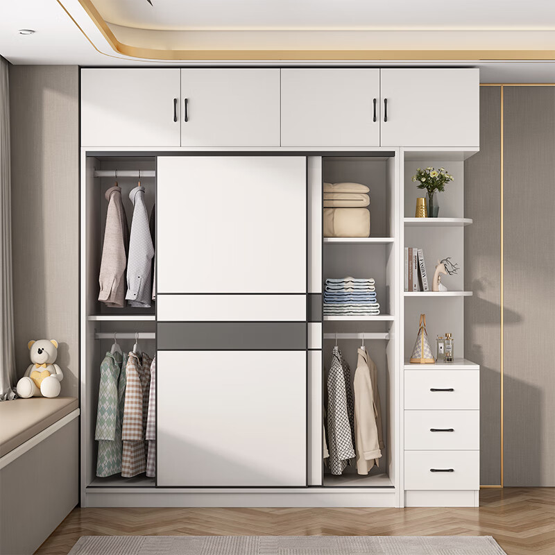 Xucai Wardrobe Bedroom Two Doors Three Doors Solid Wood Sliding Door Wardrobe Simple Storage Sliding Door Large Wardrobe Rental Room Three Doors 1.8 Meter Main Cabinet + Top Cabinet + Side Cabinet