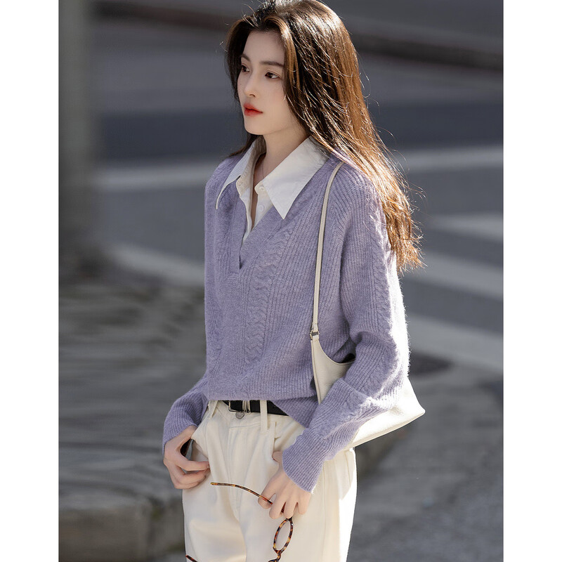 Demana Cloud Sweater Spring and Autumn Simple Style Commuting Spliced Lapel Comfortable Fiber Velvet Yarn Covering Flesh Knitted Sweater Women's Top