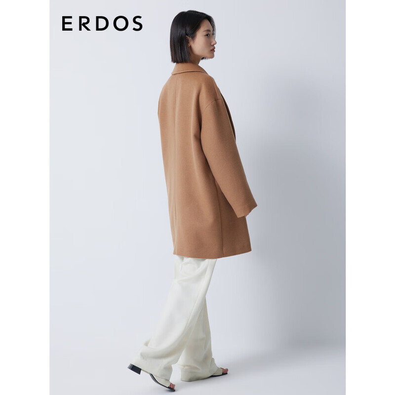 ERDOS mid-length solid color commuting style loose coat suit collar cocoon style simple versatile women's woolen coat Maple Leaf Brown 160/84A/M