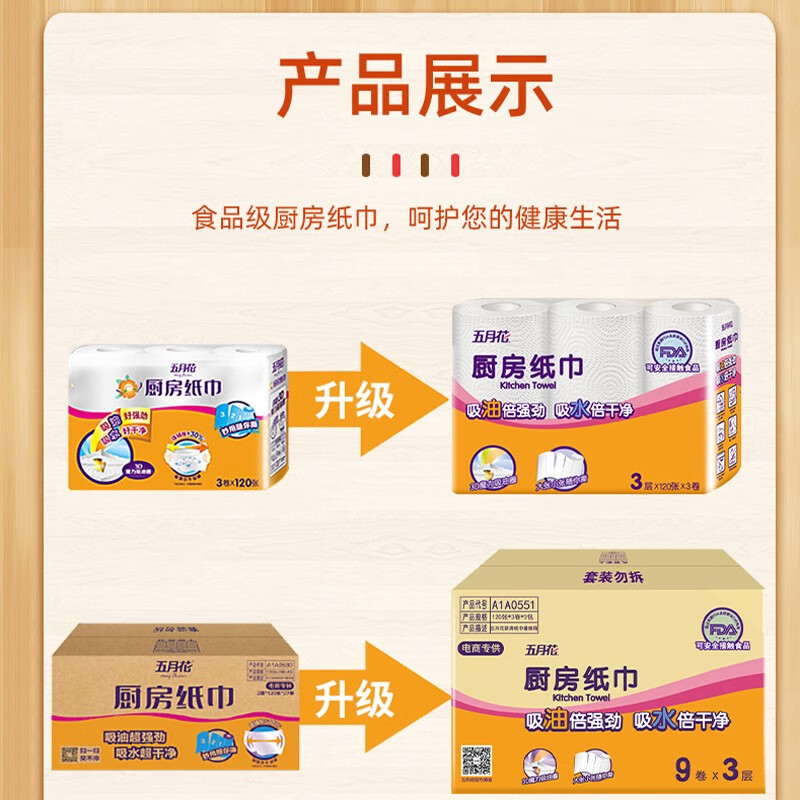 May Flower kitchen paper kitchen paper towel kitchen roll toilet paper oil-absorbing paper 3 layers 120 sections 3 layers 3 layers 120 sections * 3 rolls (strong oil and water absorption)