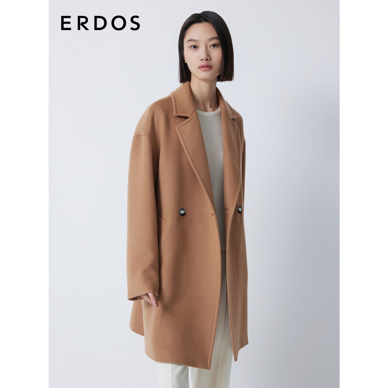 ERDOS mid-length solid color commuting style loose coat suit collar cocoon style simple versatile women's woolen coat Maple Leaf Brown 160/84A/M