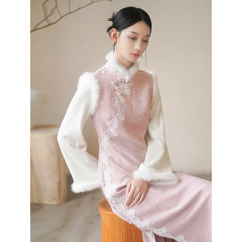 Chuchan Clothes New Chinese Style National Style Improved Cheongsam Women's High-end Autumn and Winter New Pink Fake Two-piece Temperament Retro Dress Pink L (Ready Stock)