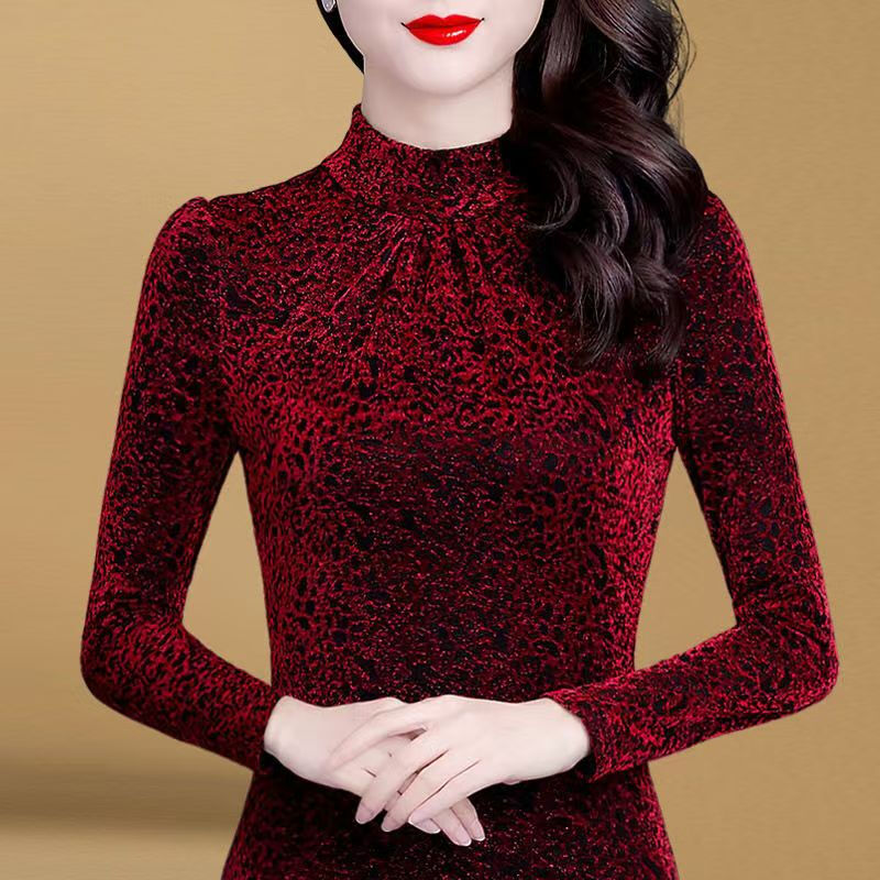 Orchid Mesh Bottoming Shirt Women's 2025 Autumn and Winter New Style Slim Fit Plus Velvet Thickened Warm Inner Top Small Shirt Red Regular XL