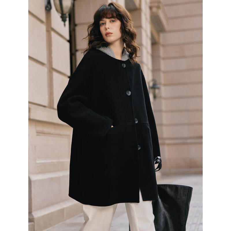 ELLE sheep wool two-piece woolen coat for women 2025 winter new casual hooded wool coat black M