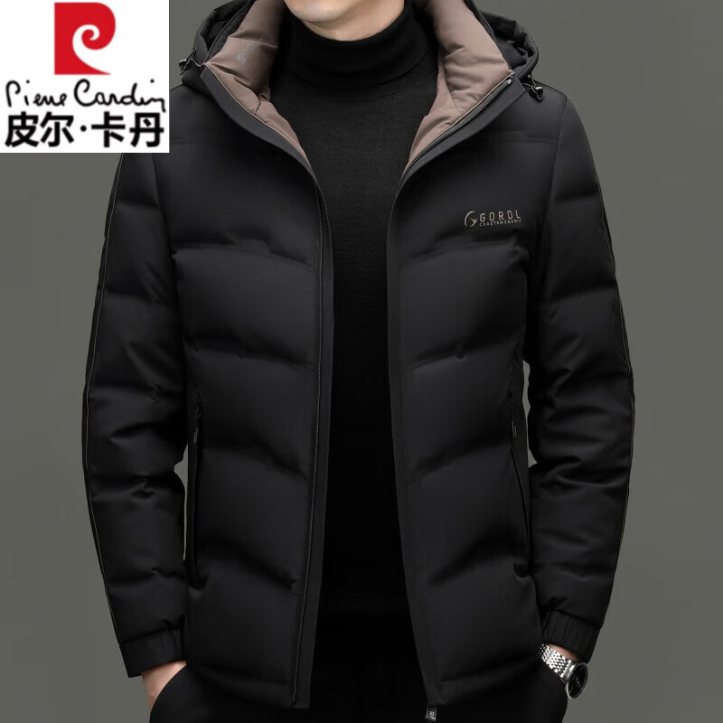 Pierre Cardin high-end short goose down jacket for men 2025 winter new cold-proof thickened cold-proof clothing casual men's jacket black-90% white goose down removable hood L 175 (120-135 catties)