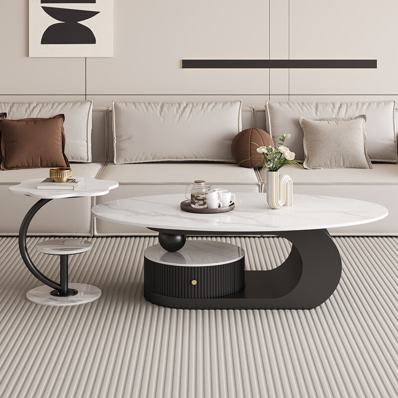 Verdanten light luxury style Italian slate coffee table for the living room oval coffee table table designer high-end small apartment tea table black frame + snow mountain white slate board 130*70*42 coffee table + side table