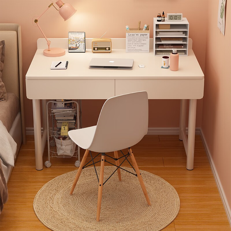 Minyu Steel Wood Desk Desktop Home Simple Office Desk Girls Bedroom Study Desk Small Apartment Table and Chair Set 120cm Warm White + White Frame
