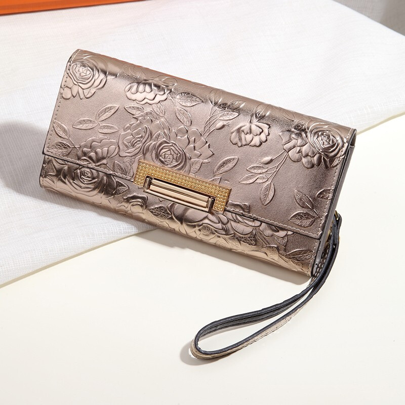 Sephoron 2026 new long hand wallet women's rose ethnic style embossed cowhide wallet large capacity for mobile phone colorful roses