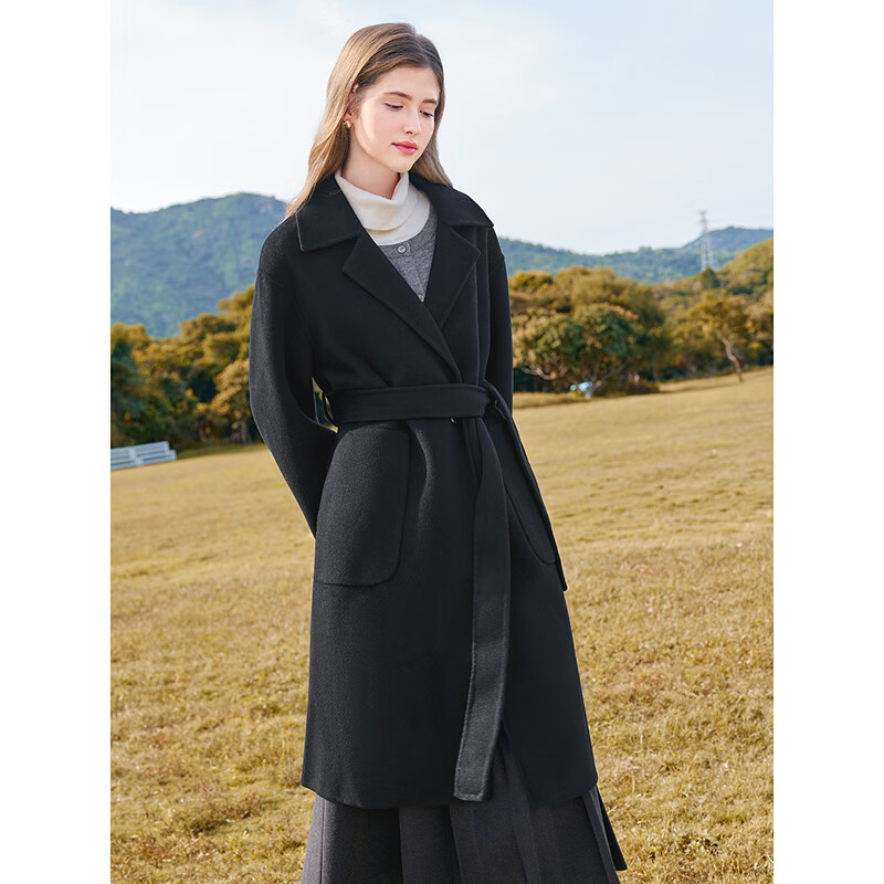 Betu women's new winter woolen coat lapel double-sided wool coat 100% sheep wool coat 2411T25 black S