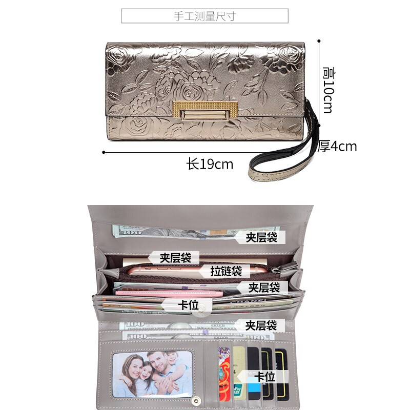 Sephoron 2026 new long hand wallet women's rose ethnic style embossed cowhide wallet large capacity for mobile phone colorful roses