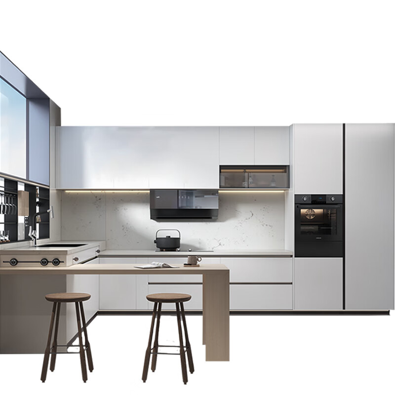 Dinggu cabinets customized integrated kitchen kitchen cabinets modern minimalist open L-shaped kitchen quartz stone countertop white dew series prepaid deposit