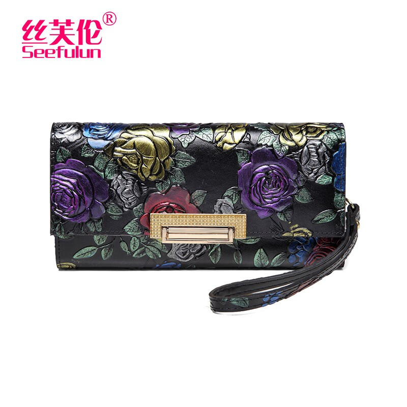 Sephoron 2026 new long hand wallet women's rose ethnic style embossed cowhide wallet large capacity for mobile phone colorful roses