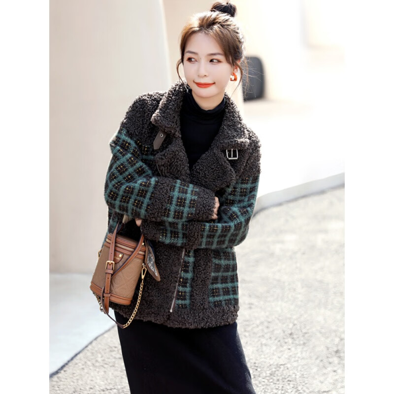 Chuxin woolen coat for women 2025 autumn and winter new style women's short woolen coat for women Korean style plaid plush coat for women Kage S (90-115 catties)