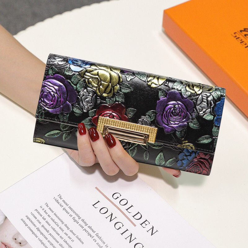 Sephoron 2026 new long hand wallet women's rose ethnic style embossed cowhide wallet large capacity for mobile phone colorful roses