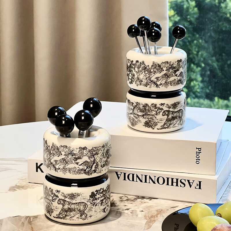 Zunmousse ceramic fruit fork set light luxury home living room dining table coffee table cake dessert fork coffee spoon creative storage jar ink tiger fruit fork jar 1 jar 6 forks
