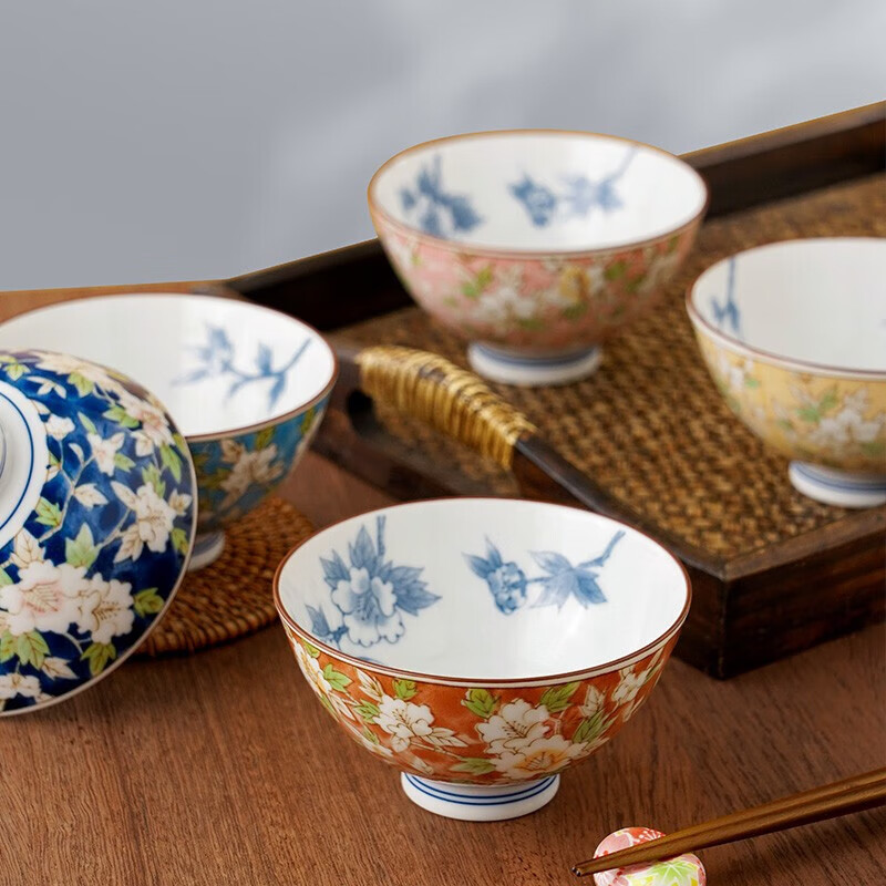 Mino Yaki Japanese imported ceramic rice bowl 4.5-inch hibiscus flower bowl 5-piece set