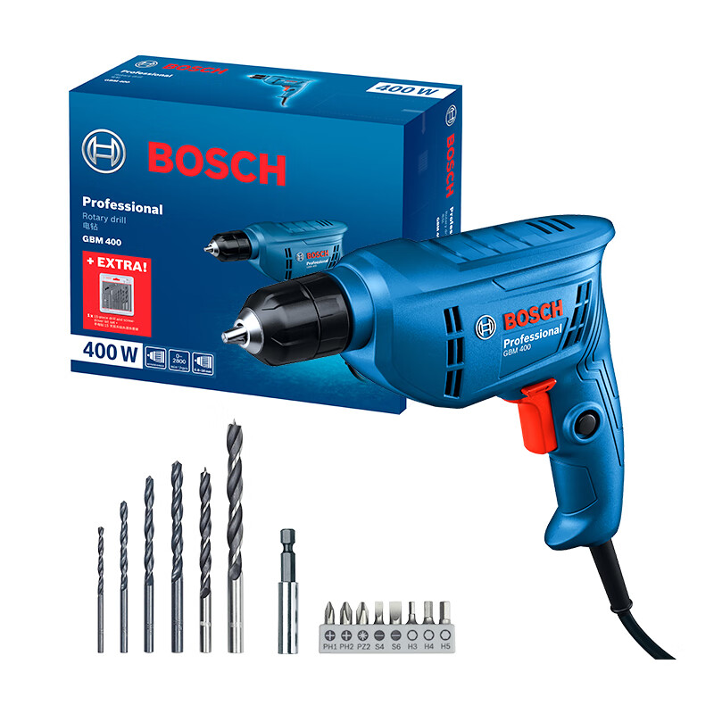 Bosch (BOSCH) electric drill hand drill corded 400-watt pistol drill self-locking chuck 15-piece accessory set GBM400KLE